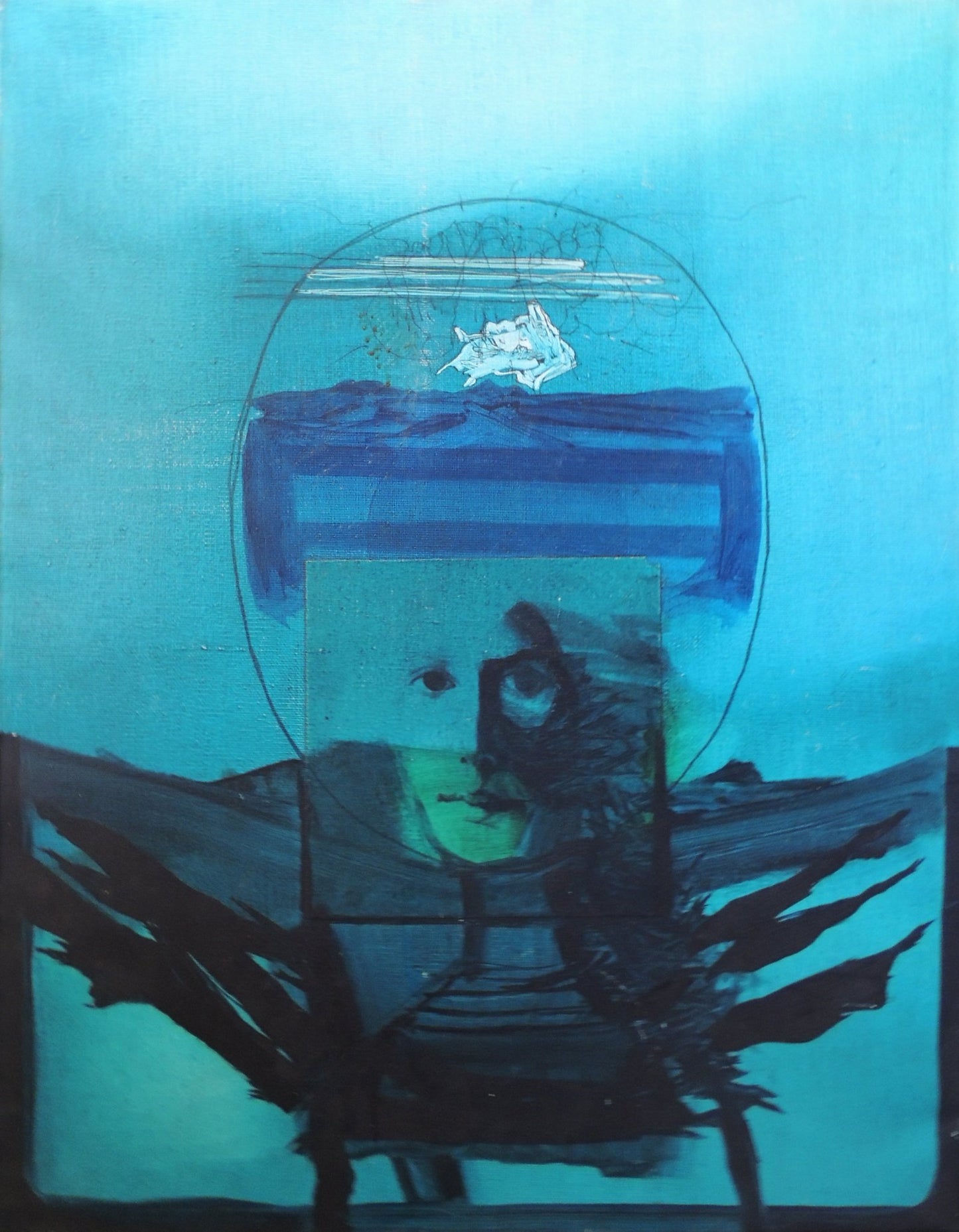 Óscar César Mara - Historia de un rostro, pintura contemporánea abstracta figurativa en tonos azules con rostro y formas expresivas superpuestas.