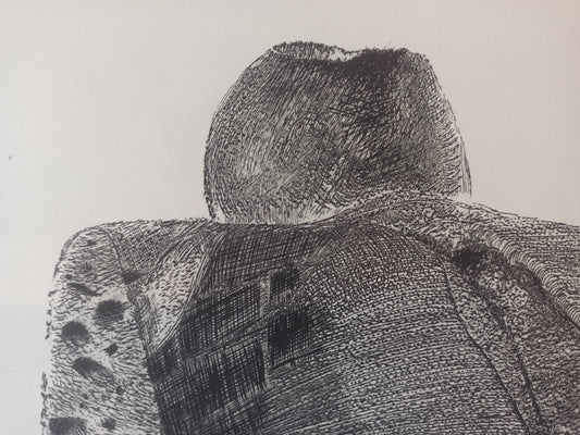 Aguafuerte de Pablo Serrano, Hogaza con manzana, obra gráfica original sobre el pan como símbolo de unión, amor y solidaridad en el arte contemporáneo, detalle