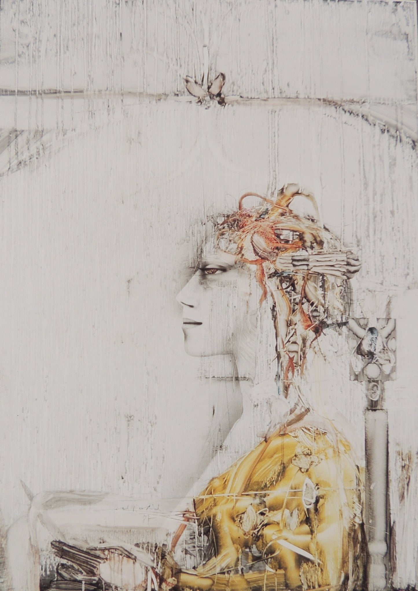 Paul Wunderlich Profil, retrato femenino de perfil en composición surrealista con elementos orgánicos y tonos claros, obra de arte figurativo del siglo XX. detalle