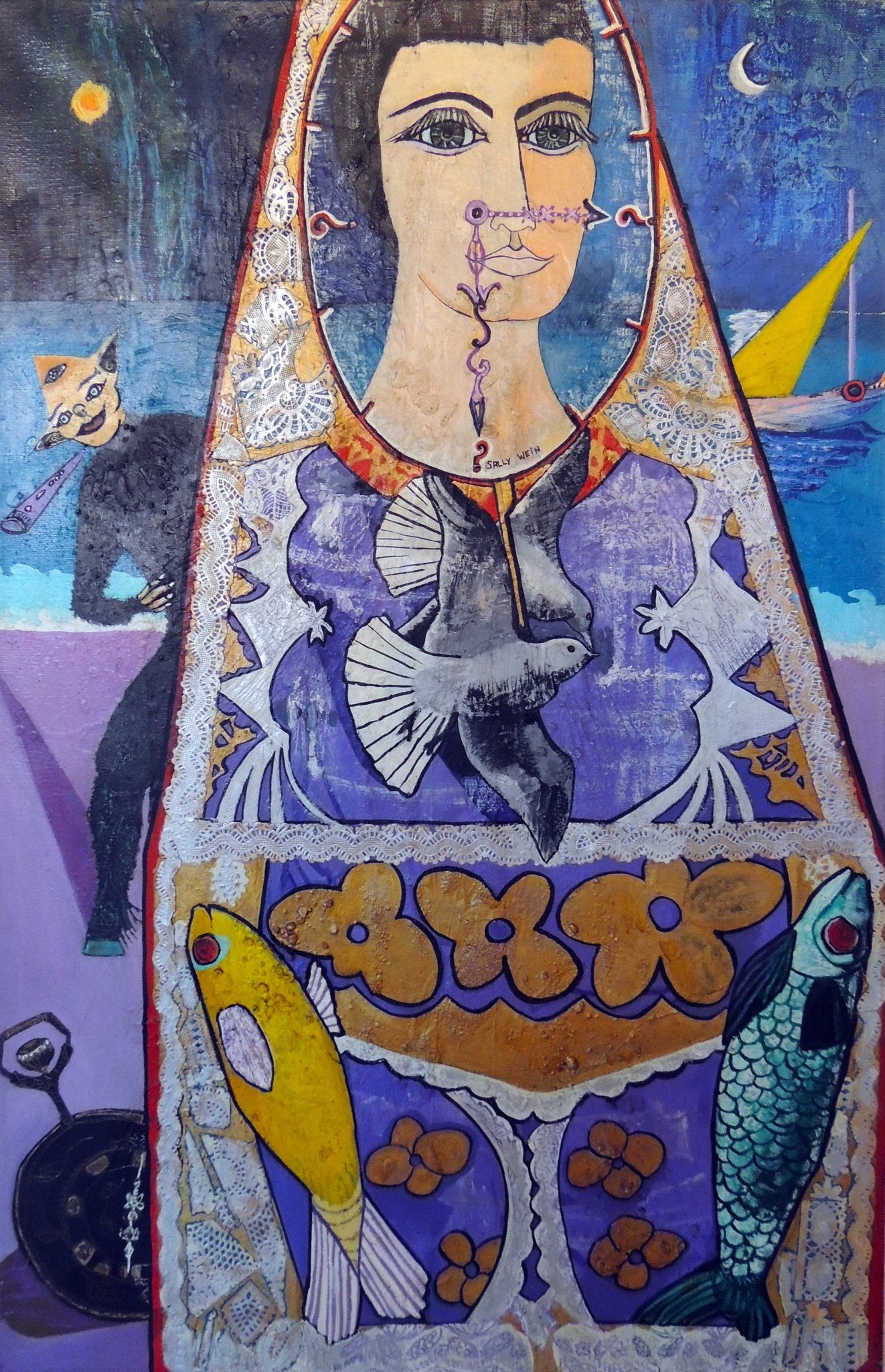 Sally Weintraub - Tiempo de amar, pintura contemporánea con figura femenina, aves, peces y simbolismo onírico en tonos azules y violetas.
