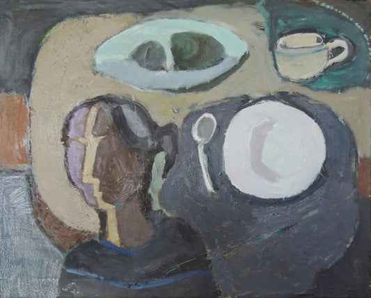 Willy Ramos Bodegón con señora pintura expresionista con figura femenina, plato y taza en composición abstracta detalle mesa