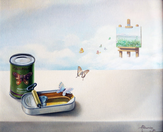 Pintura surrealista Conservas naturales de Alberto Pancorbo con una lata abierta de la que salen mariposas volando hacia un caballete con un paisaje, simbolizando creatividad, naturaleza y libertad.