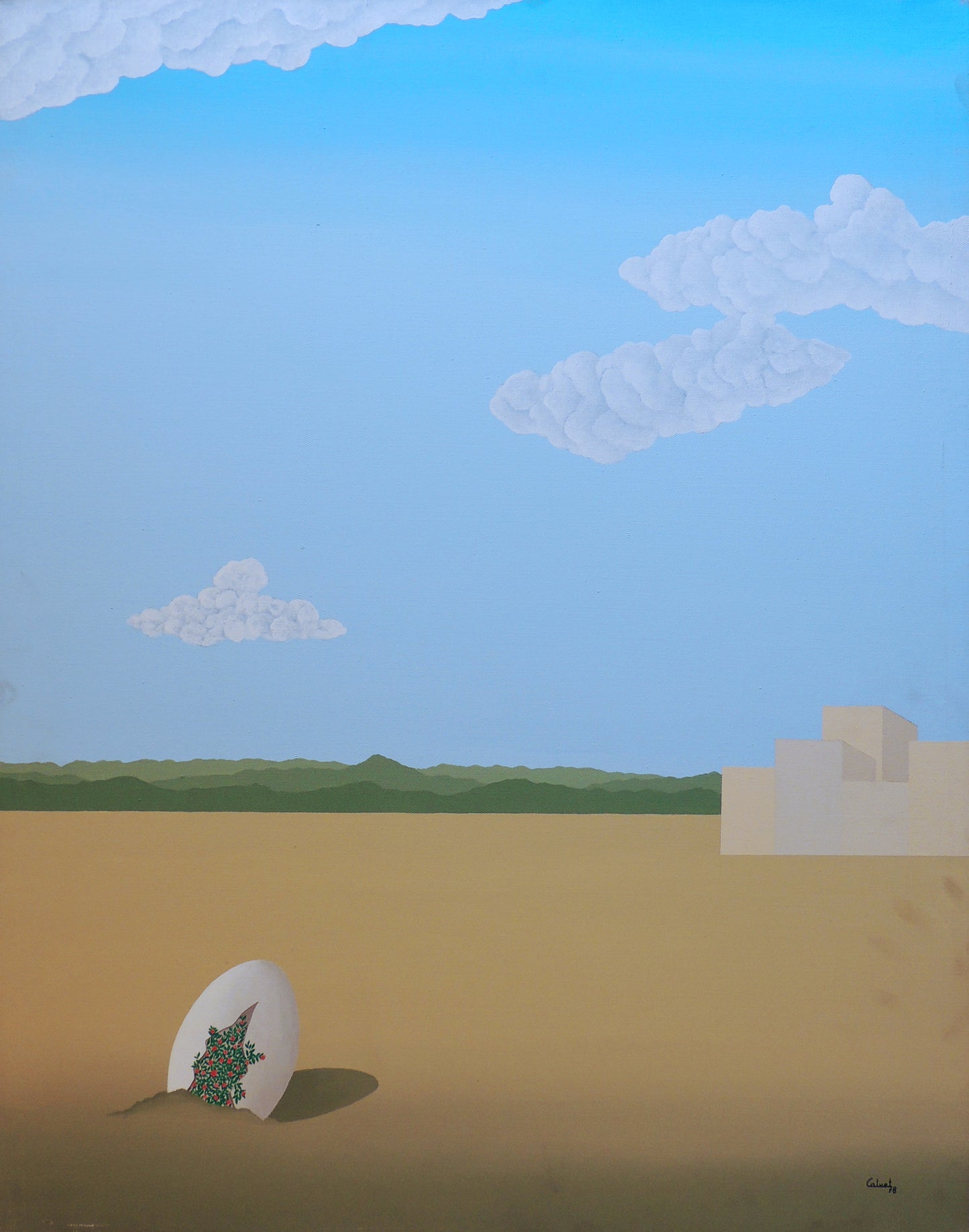 Francesc Calvet, El nacimiento de la primavera. Pintura surrealista de un paisaje minimalista con un huevo abierto del que brotan flores, bajo un cielo azul con nubes y un horizonte verde.