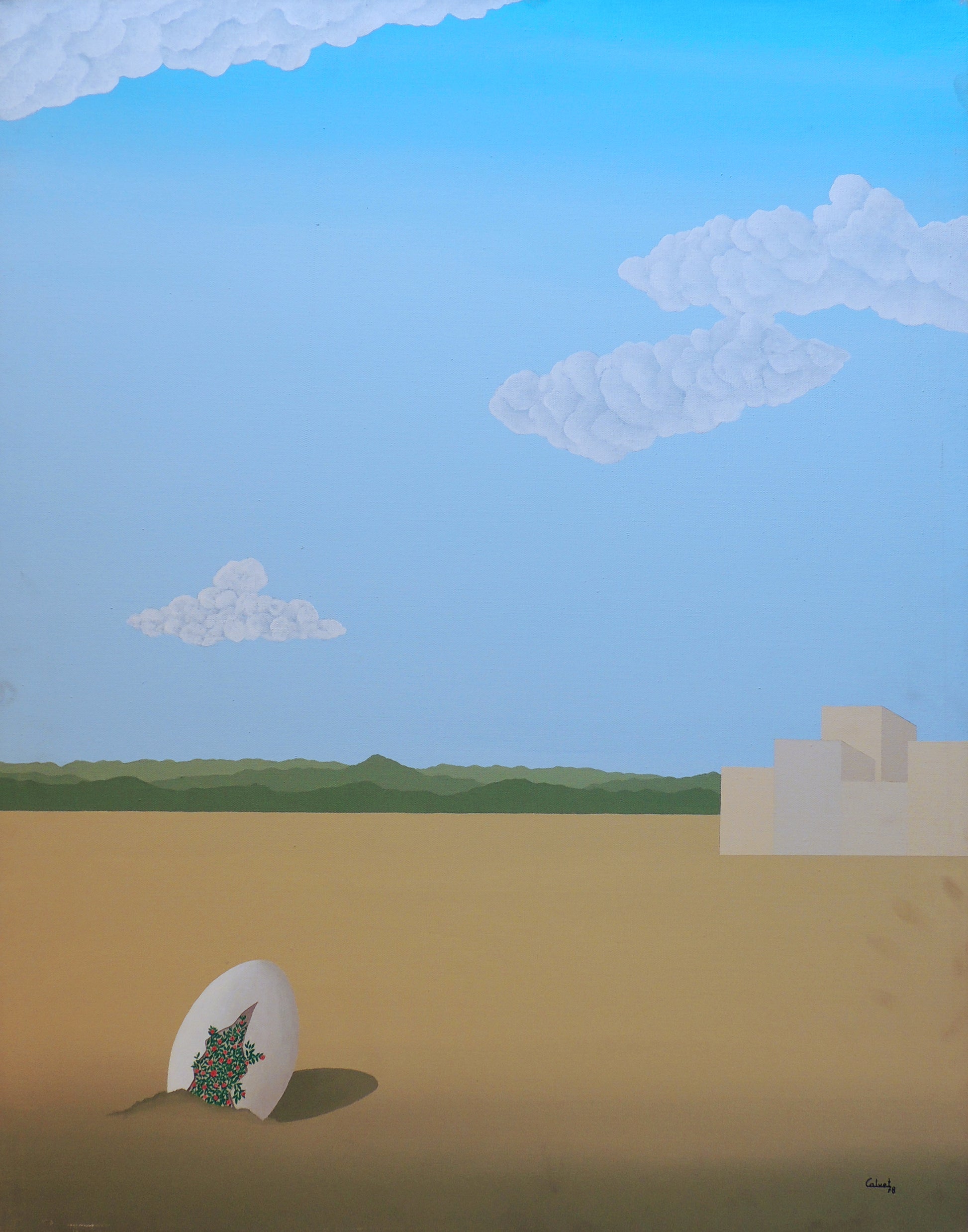 Francesc Calvet, El nacimiento de la primavera. Pintura surrealista de un paisaje minimalista con un huevo abierto del que brotan flores, bajo un cielo azul con nubes y un horizonte verde.
