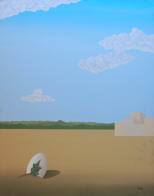 Francesc Calvet, El nacimiento de la primavera. Pintura surrealista de un paisaje minimalista con un huevo abierto del que brotan flores, bajo un cielo azul con nubes y un horizonte verde.