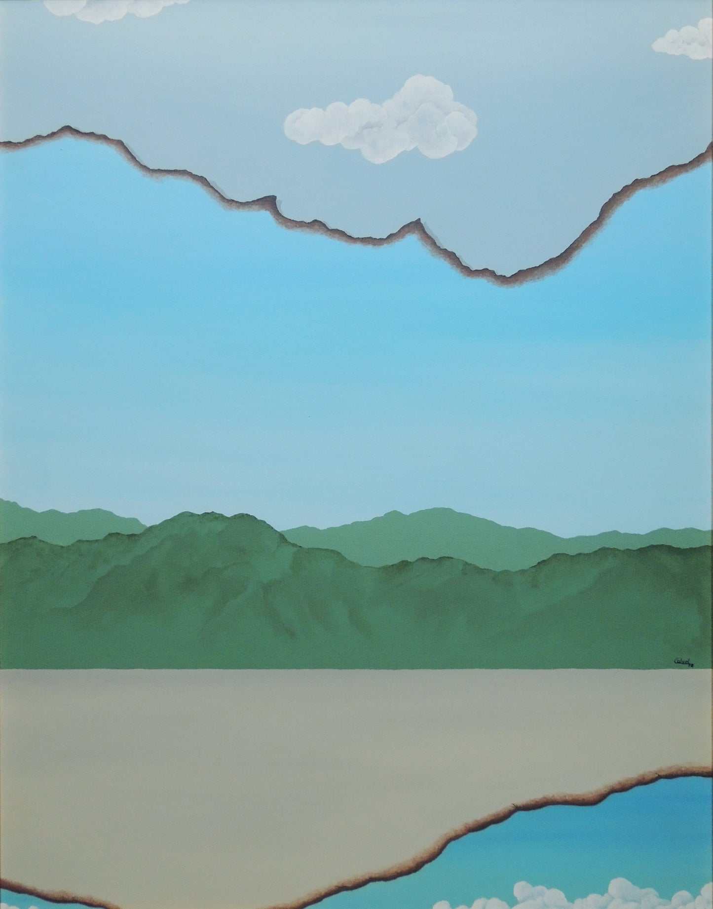 Francesc Calvet El setè cel, pintura surrealista original con paisaje de montañas entre dos cielos y nubes, obra contemporánea