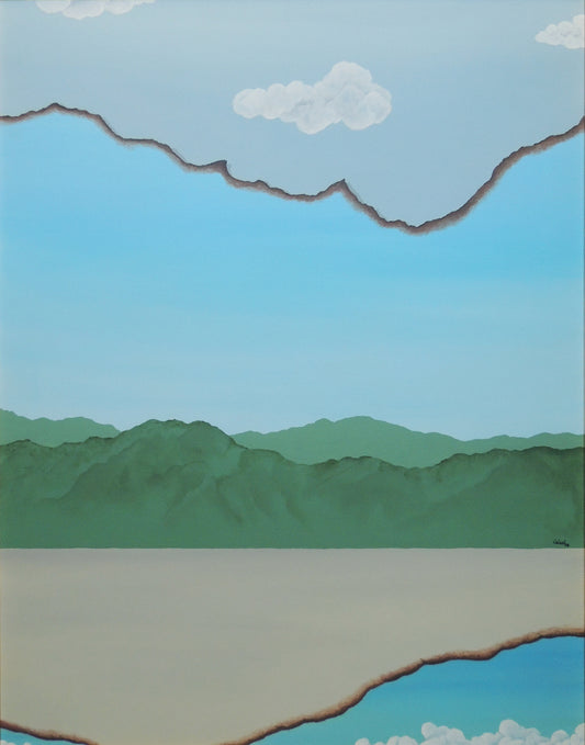 Francesc Calvet El setè cel, pintura surrealista original con paisaje de montañas entre dos cielos y nubes, obra contemporánea