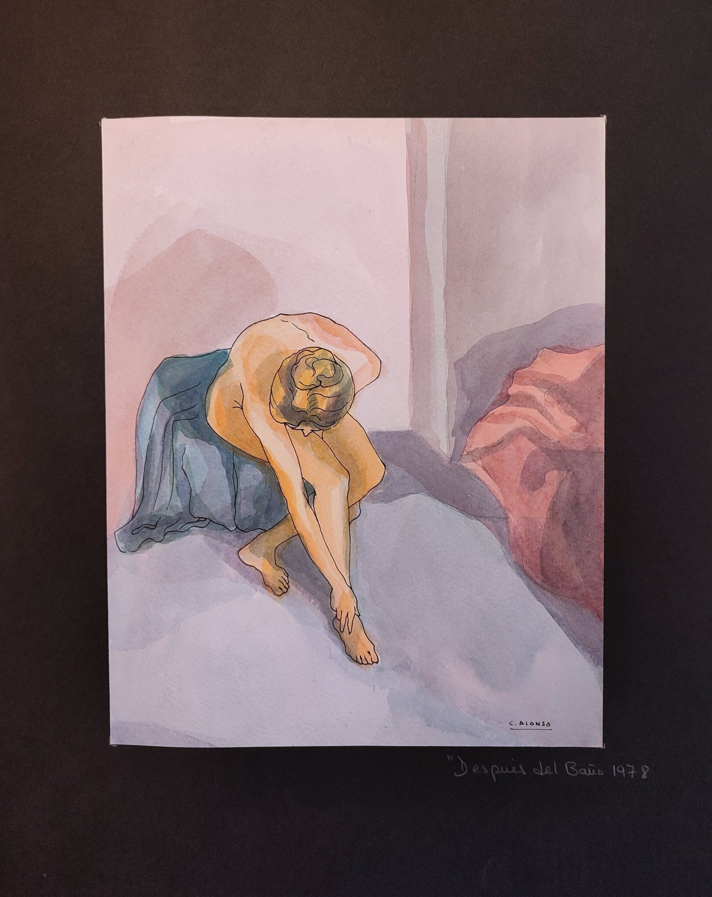 Después del baño de Cristina Alonso, acuarela de figura femenina aseándose en una escena íntima y luminosa de estilo figurativo contemporáneo.