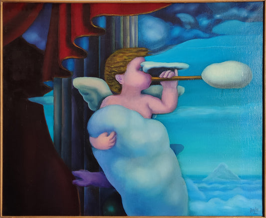 José Canes Solé, El Mensajero, figura angelical de inspiración surrealista representada como mensajero celestial en una composición poética y simbólica tonos azules