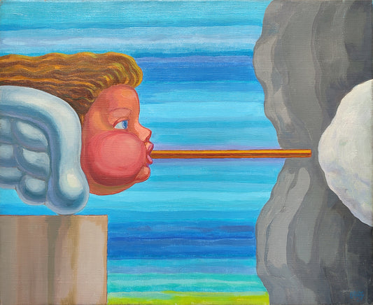 José Canes Solé, Nubol, putto o pequeño ángel soplando una nube sobre fondo claro, obra de inspiración clásica y atmósfera poética arte naíf