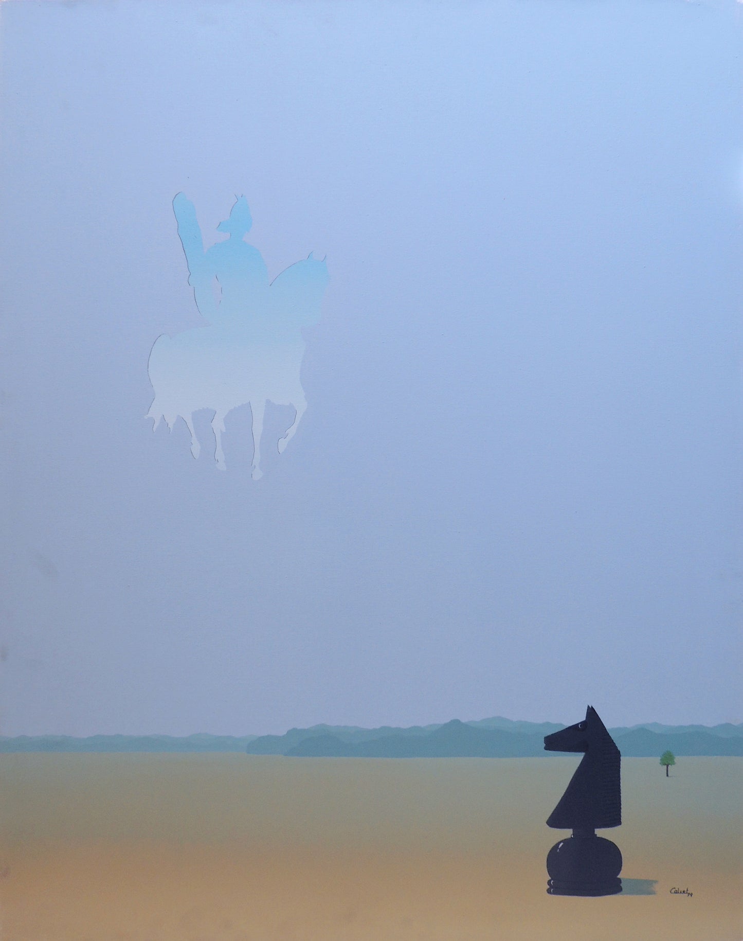 Francesc Calvet, La baralla. Pintura surrealista con un caballo de ajedrez sobre un paisaje abierto y la silueta difusa de un jinete a caballo suspendida en el cielo azul.