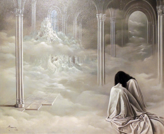 En las tinieblas de Alberto Pancorbo, pintura surrealista con dos figuras cubiertas por velos blancos contemplando un palacio luminoso entre nubes, columnas y arcos en un paisaje onírico.
