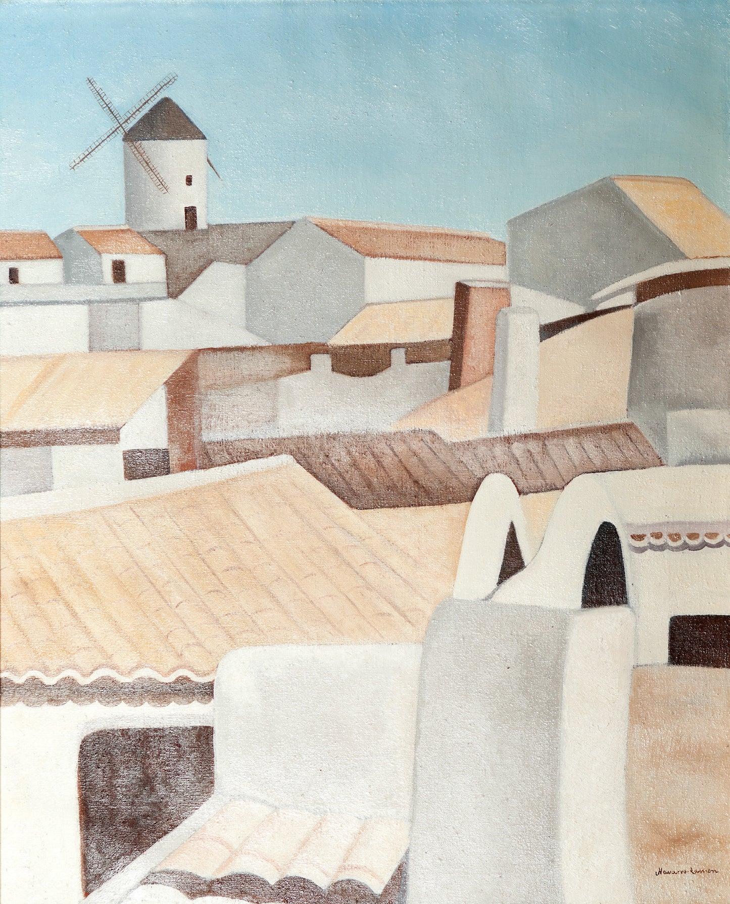 "Paisaje, Campo de Criptana", óleo de Juan Navarro Ramón (73 x 60 cm). Escena del interior manchego