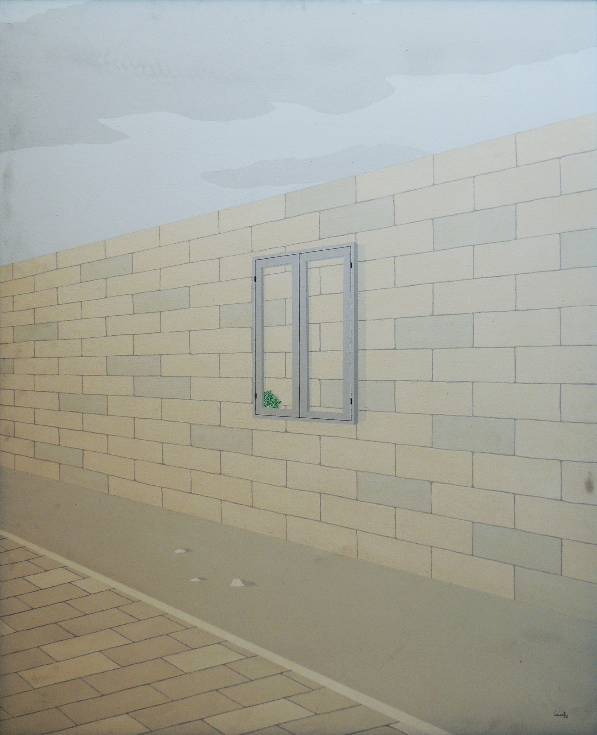 Francesc Calvet - Una finestra qualsevol, pintura surrealista minimalista con muro de piedra, ventana abierta y brote verde, obra original