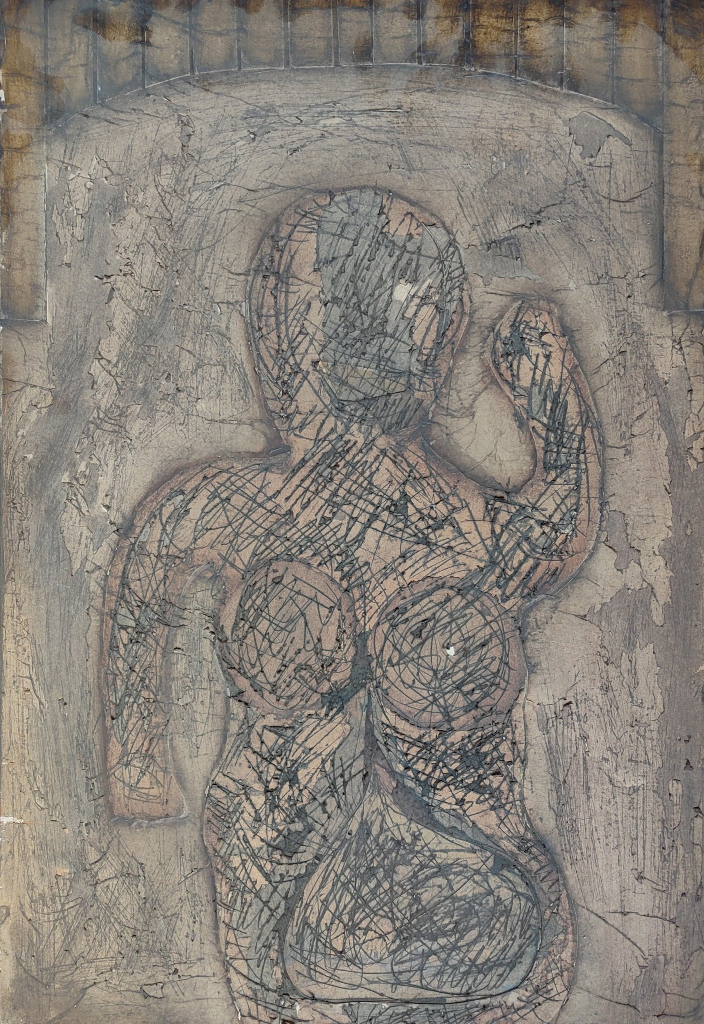 Agustín Alamán Hiroshima 22 pintura abstracta matérica con figura femenina  en relieve y texturas en tonos grises y tierra del informalismo español siglo XX