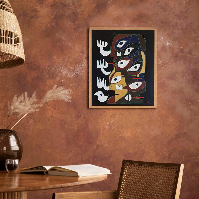 Antonio Patiño Karma Poeta obra de arte contemporáneo gallego con rostros abstractos, simbolismo geométrico y figuras expresionistas sobre fondo oscuro decoración con obra