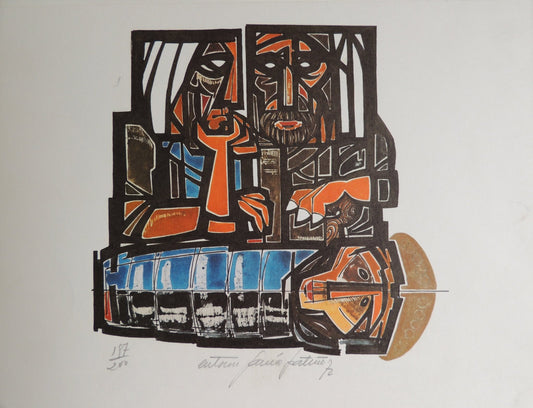 Antonio Patiño, Vidrio II, serigrafía expresionista con figuras geométricas abstractas en negro, naranja y azul.