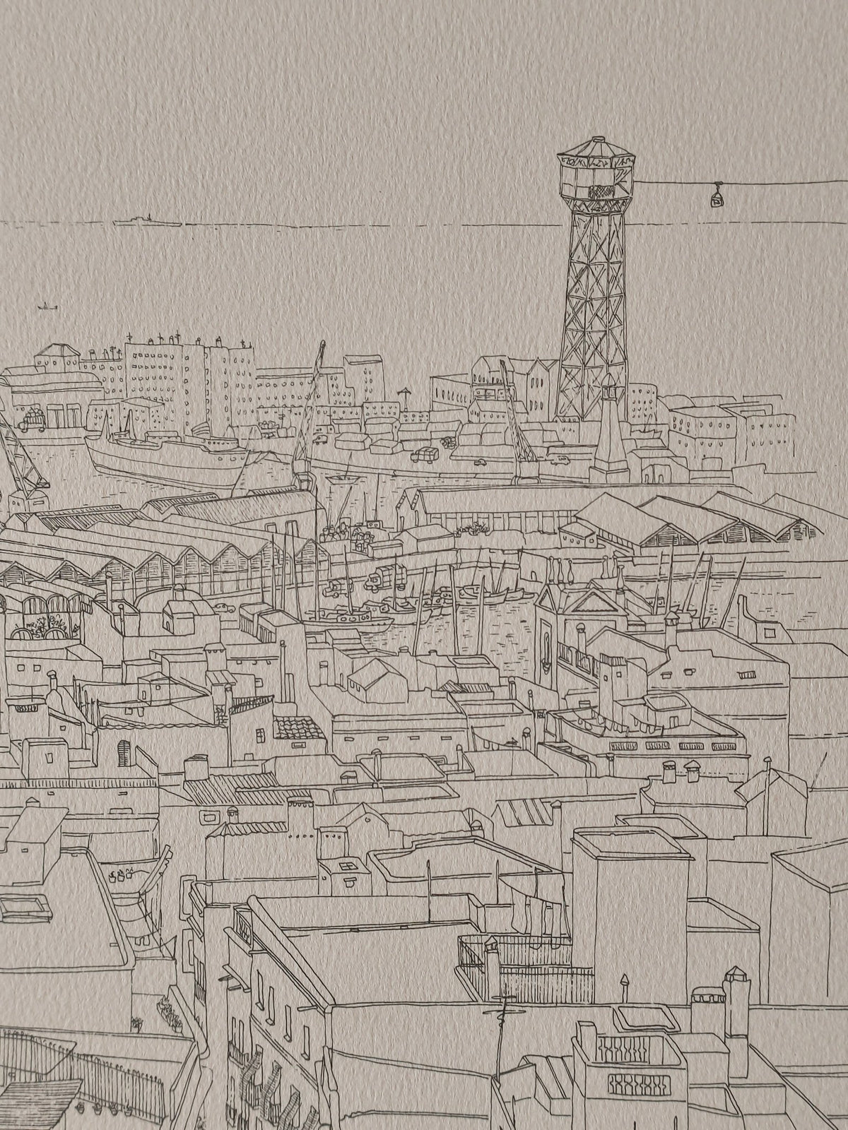 La Barceloneta (Puerto de Barcelona) de Aurora Altisent, dibujo detallado del paisaje portuario y urbano de Barcelona detalle