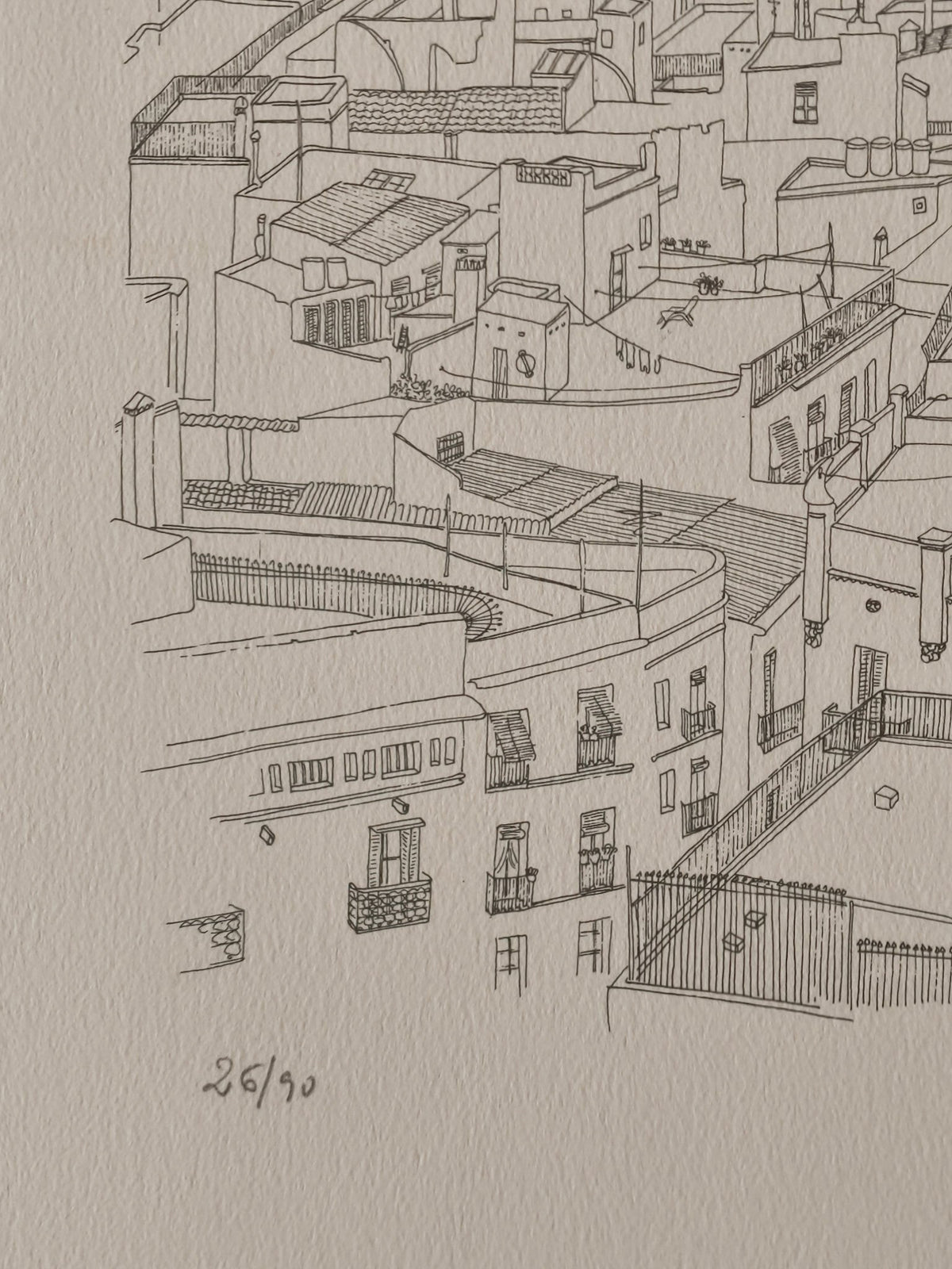La Barceloneta (Puerto de Barcelona) de Aurora Altisent, dibujo detallado del paisaje portuario y urbano de Barcelona obra numerada