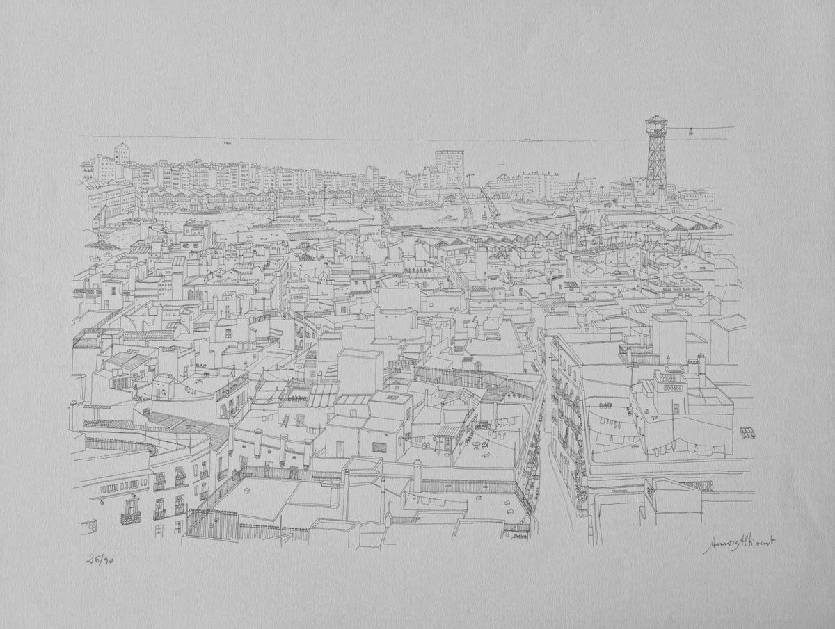La Barceloneta (Puerto de Barcelona) de Aurora Altisent, dibujo detallado del paisaje portuario y urbano de Barcelona.