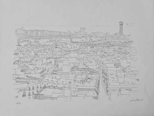 La Barceloneta (Puerto de Barcelona) de Aurora Altisent, dibujo detallado del paisaje portuario y urbano de Barcelona.