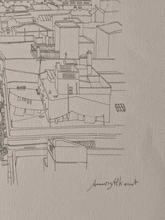 La Barceloneta (Puerto de Barcelona) de Aurora Altisent, dibujo detallado del paisaje portuario y urbano de Barcelona detalle firma