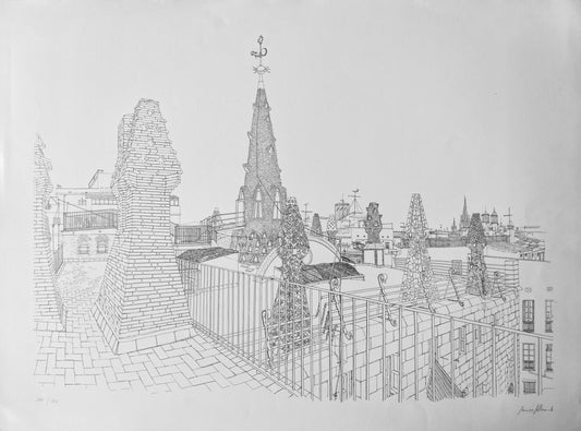 Aurora Altisent Tejados La Pedrera litografía de arquitectura modernista de Barcelona