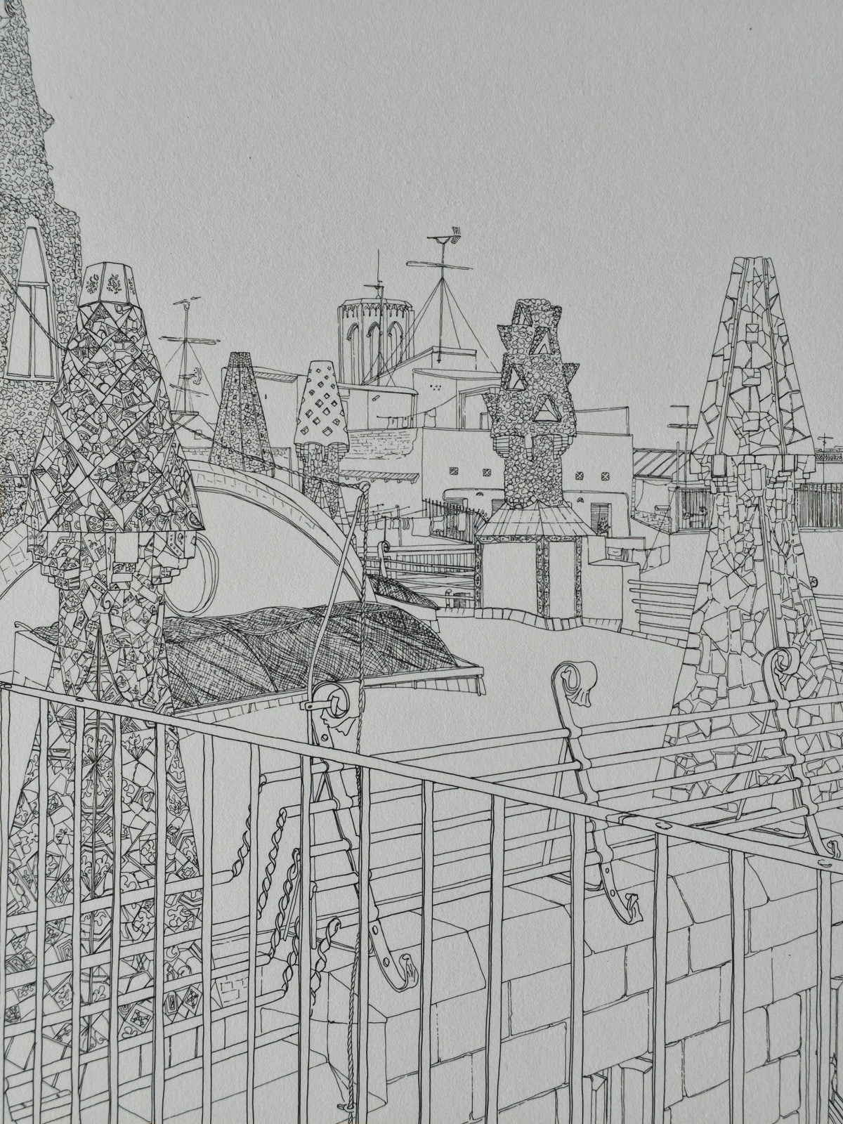 Aurora Altisent Tejados La Pedrera litografía de arquitectura modernista de Barcelona dibujo