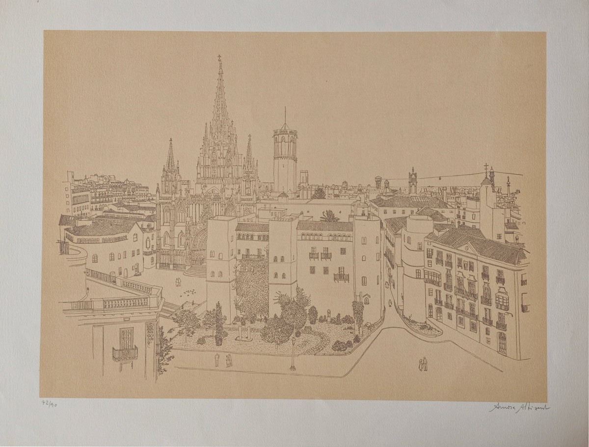 Aurora Altisent Vista de Barcelona con la Catedral litografía de paisaje urbano y arquitectura gótica de Barcelona