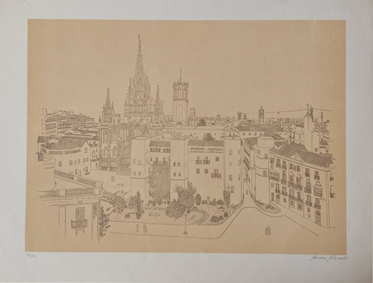 Aurora Altisent Vista de Barcelona con la Catedral litografía de paisaje urbano y arquitectura gótica de Barcelona