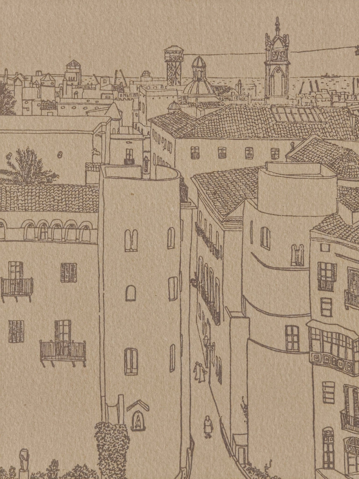 Aurora Altisent Vista de Barcelona con la Catedral litografía de paisaje urbano y arquitectura gótica de Barcelona detalle 