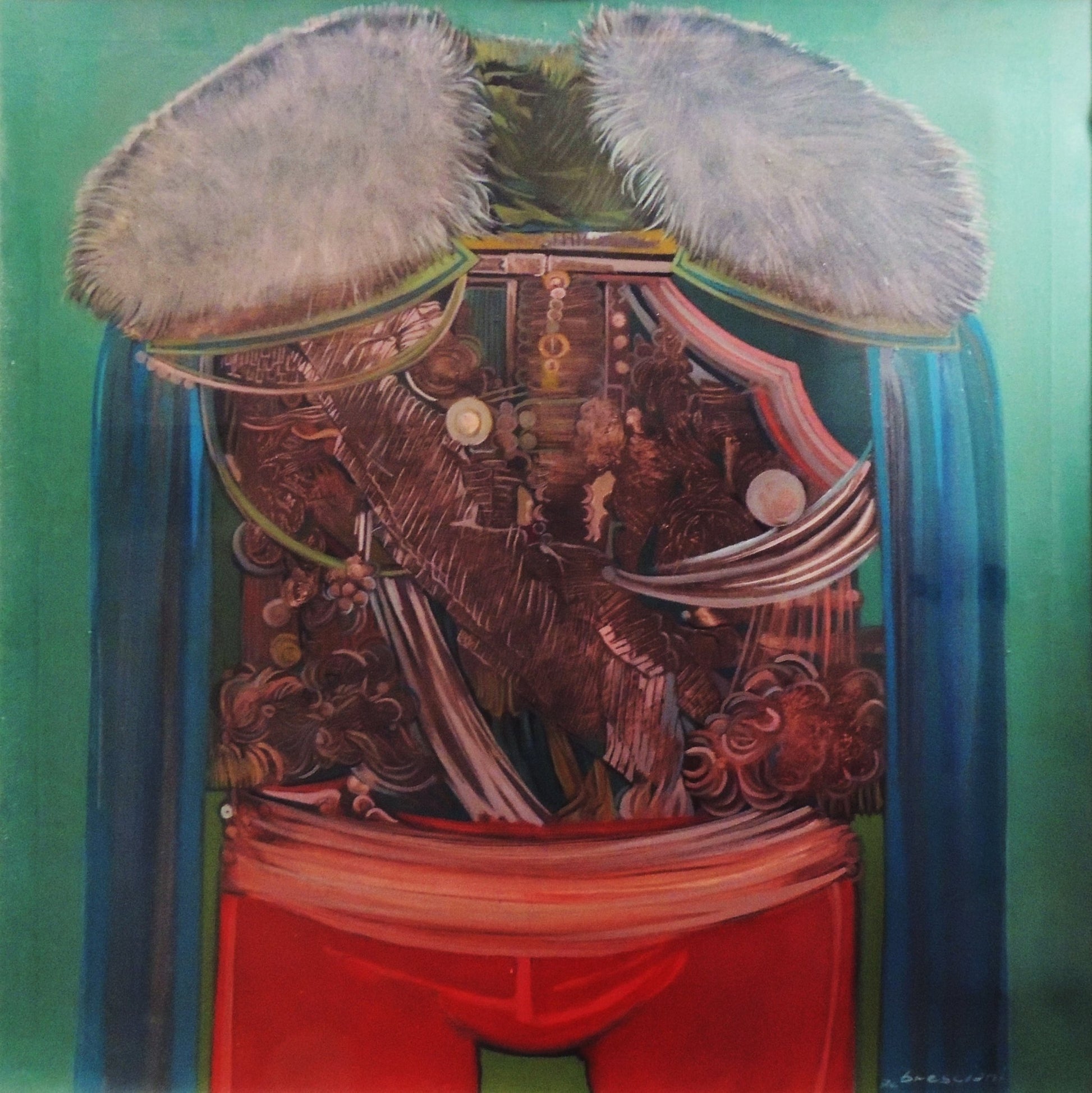 Aldo Bresciani – Trofeo militar, obra contemporánea surrealista con figura simbólica y detalles ornamentales en tonos verdes y rojos.