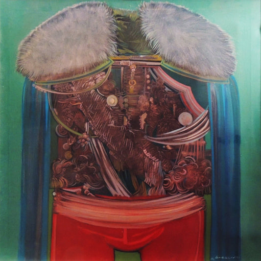 Aldo Bresciani – Trofeo militar, obra contemporánea surrealista con figura simbólica y detalles ornamentales en tonos verdes y rojos.