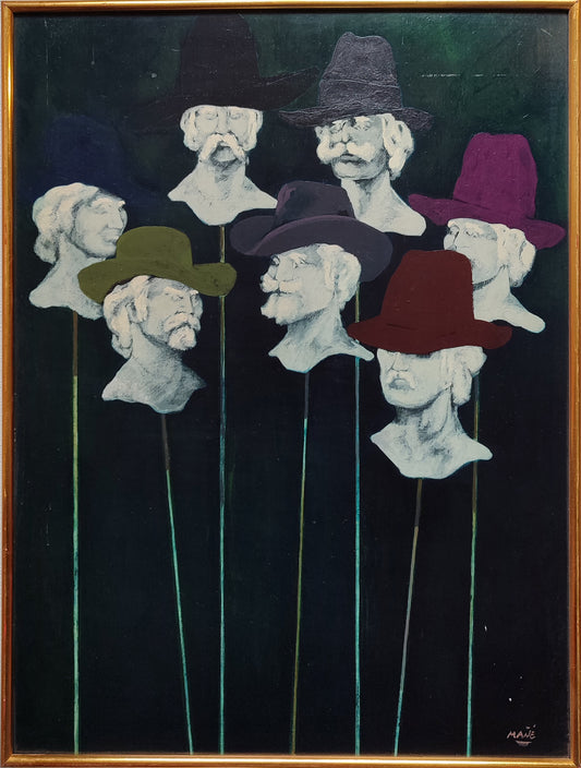 Pablo Mañé - Cabezas, pintura expresionista con bustos blancos y sombreros de colores sobre fondo oscuro, composición simbólica sobre identidad y figura humana.