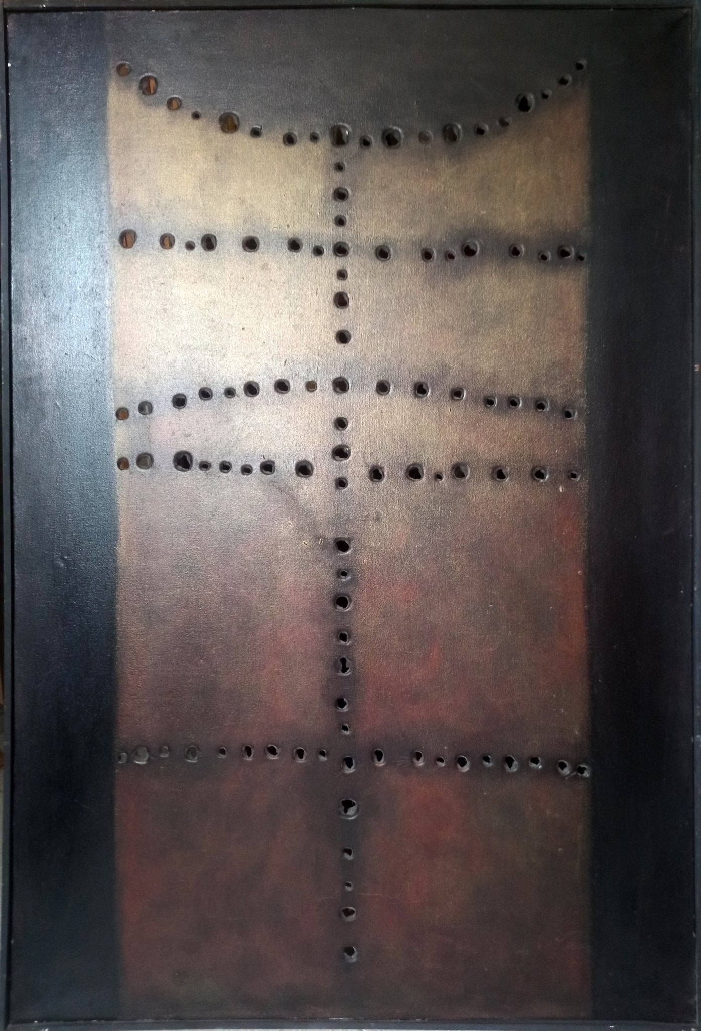 Pintura contemporánea Hábito de Carles Planell con lienzo perforado, donde materia y vacío crean luz, profundidad y un efecto introspectivo.Gaudifond