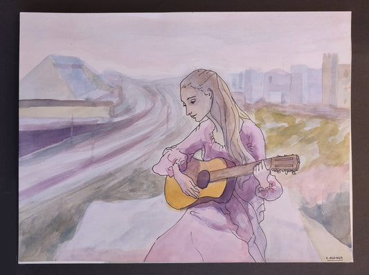 Atardecer de Cristina Alonso, acuarela de joven tocando la guitarra junto a un paisaje al atardecer, obra figurativa de tonos suaves y atmósfera poética.