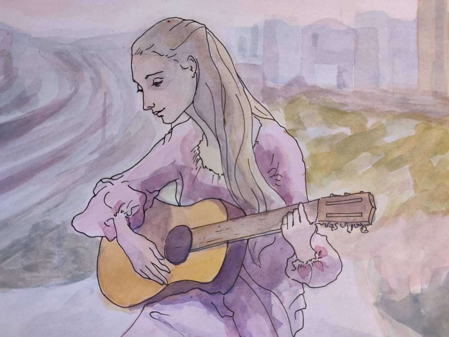 Atardecer de Cristina Alonso, acuarela de joven tocando la guitarra junto a un paisaje al atardecer, obra figurativa de tonos suaves y atmósfera poética retrato chica