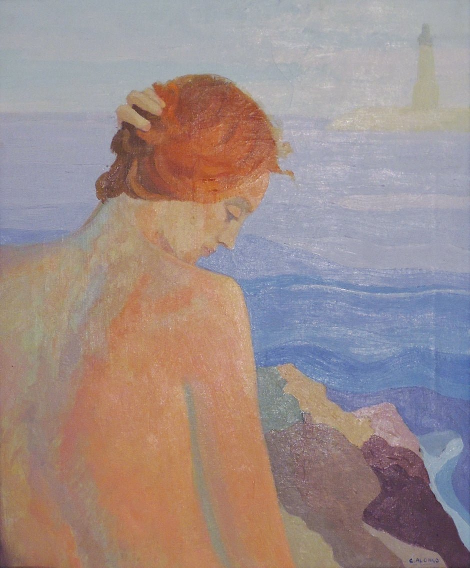 Atardecer entre las rocas de Cristina Alonso Llagostera, mujer de espaldas en paisaje de tonos azules y grises suaves, escena íntima y contemplativa.