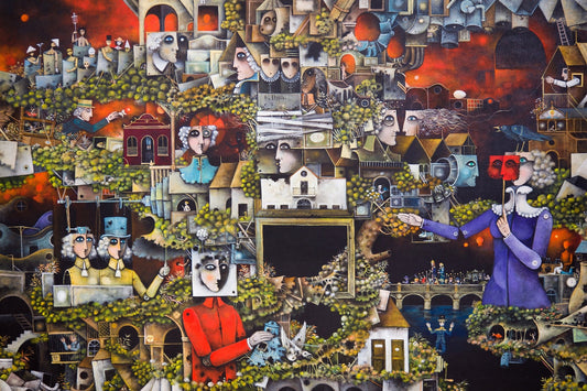 Eduard Alcoy, Caos 1: composición surrealista con figuras geométricas, arquitectura imaginaria y escenas simbólicas en tonos rojos, negros y dorados.