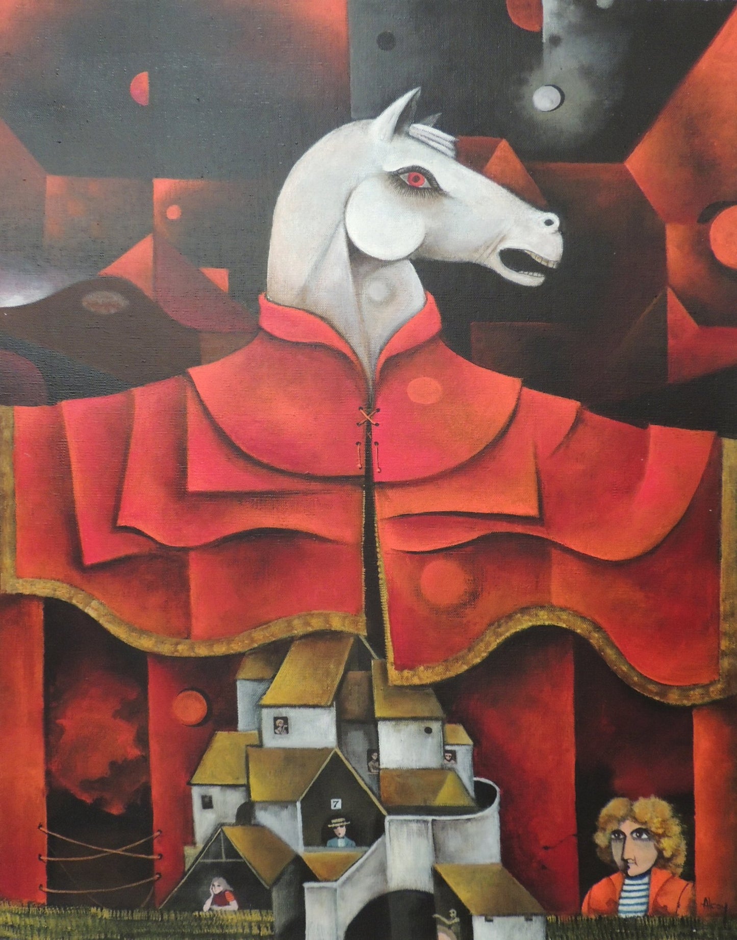 Eduard Alcoy, Cavall: figura surrealista con cabeza de caballo y gran capa roja sobre una composición arquitectónica en un paisaje oscuro y simbólico.
