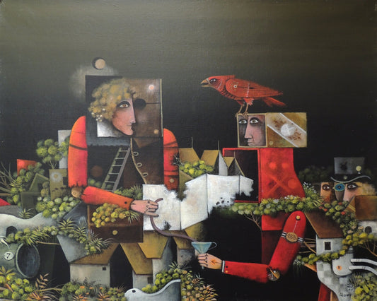 Eduard Alcoy, Experiment. Pintura surrealista con figuras fragmentadas, arquitectura imaginaria y un ave roja en una composición onírica de tonos oscuros y acentos rojos.