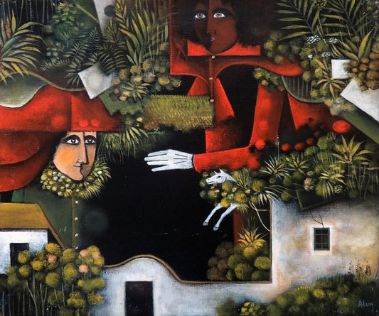 Eduard Alcoy, Postal de les Antilles: escena surrealista con figuras de rojo intenso, vegetación tropical y arquitectura en un paisaje simbólico.