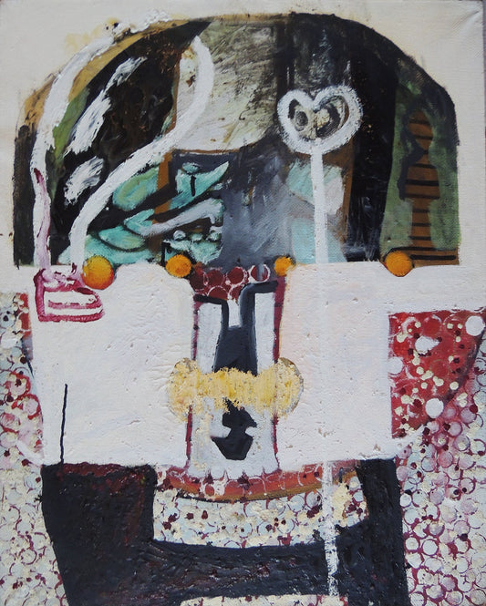 Elena Gastón, Amanita muscaria. Pintura abstracta contemporánea con formas simbólicas, elementos orgánicos y composición en tonos blancos, negros, verdes y rojizos.