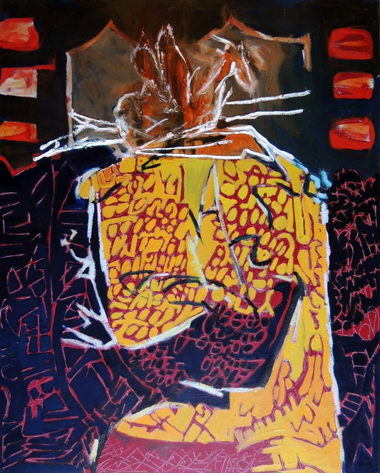 Pinseque Theater Illicite de Elena Gastón, pintura contemporánea de carácter simbólico y expresionista con una escena teatral cargada de significado y reflexión social.