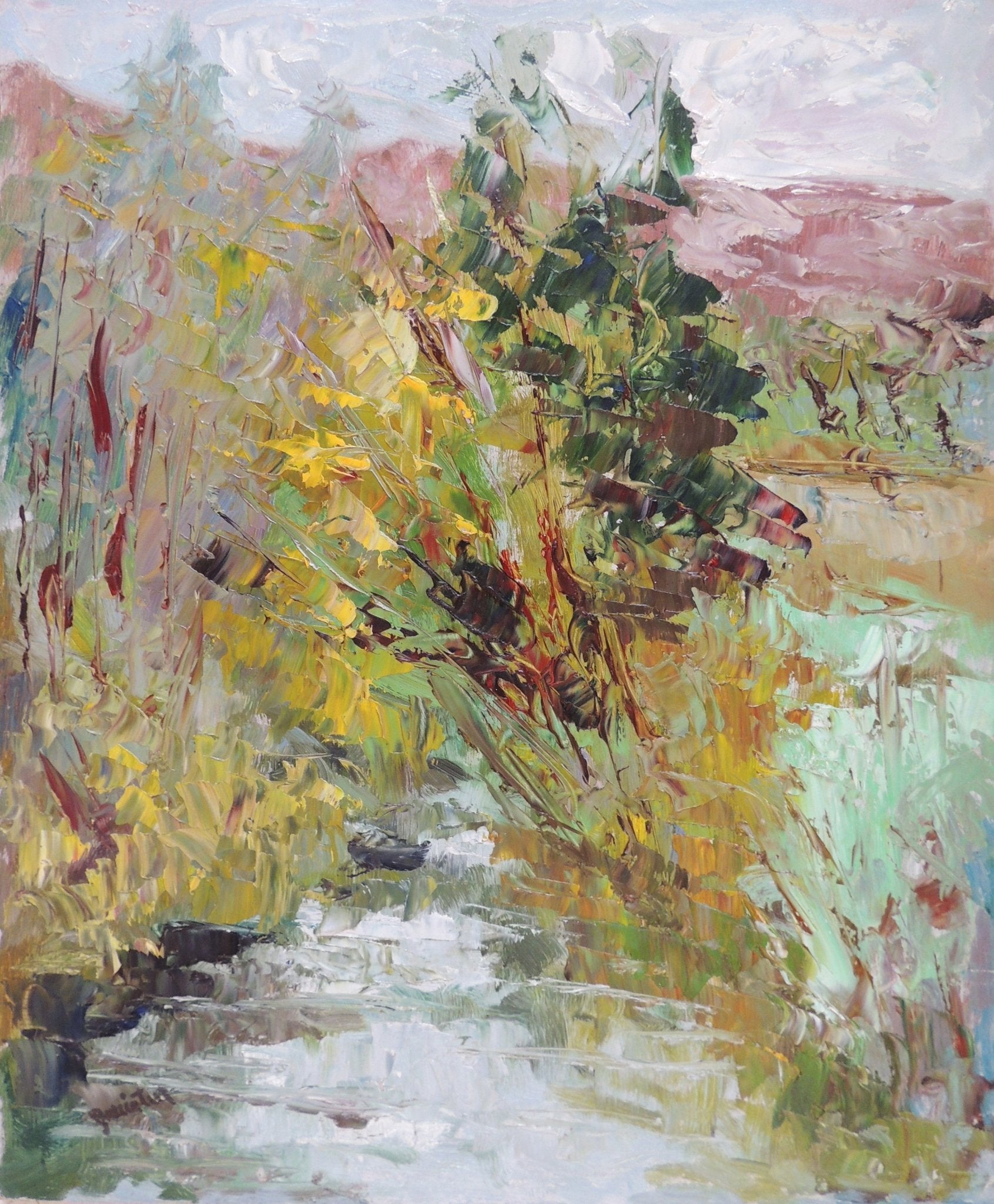 Acequia de Emiliano Garcia Tur, pintura de paisaje contemporáneo con vegetación y agua, realizada con pinceladas expresivas y textura matérica.