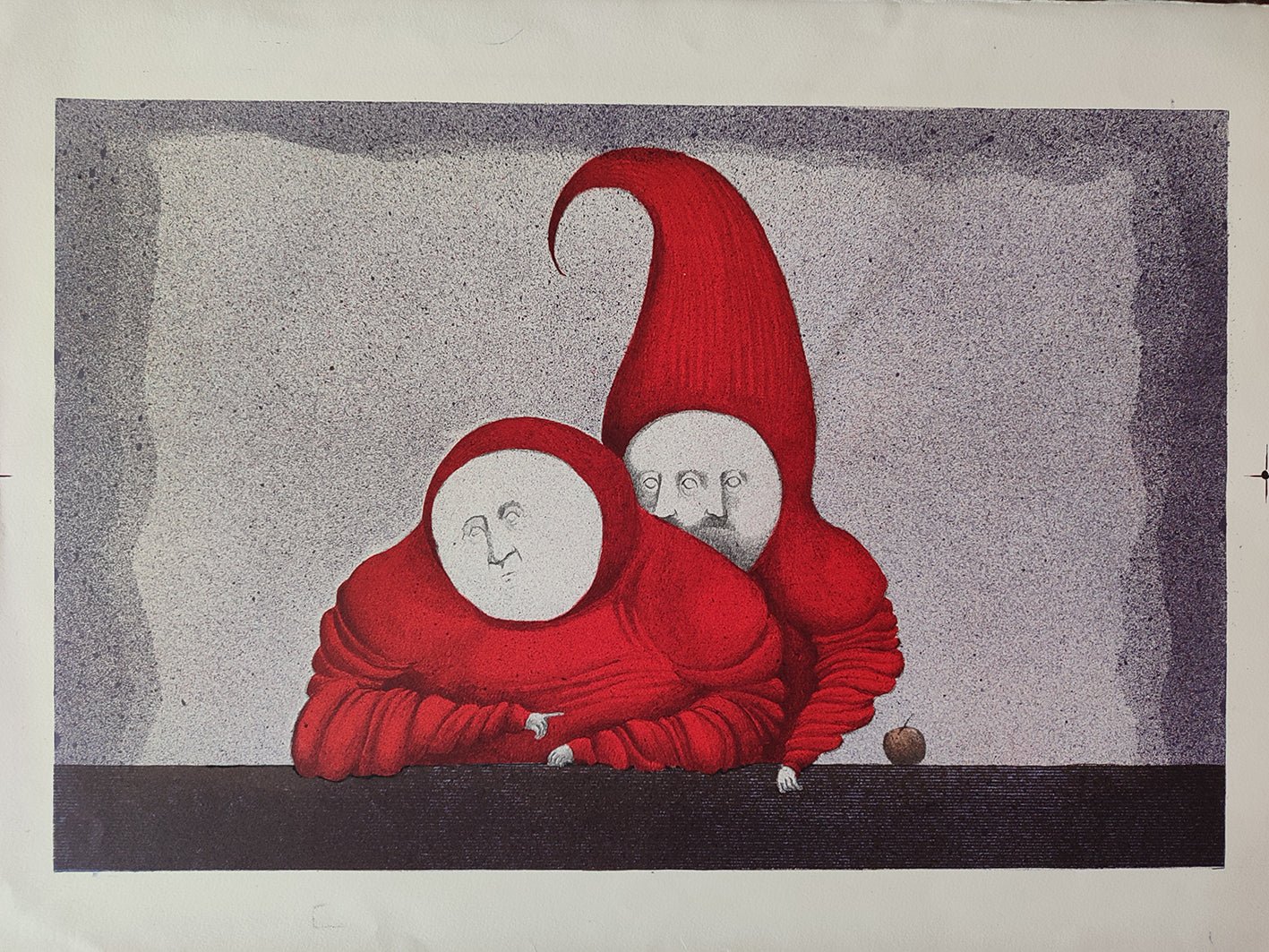 Fernando Pereznieto El acoso grabado surrealista figuras rojas simbolismo arte contemporáneo mexicano