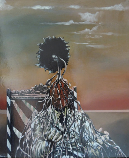 Francesc Vilaplana Fósil de girasol pintura surrealista contemporánea con raíces y figura vegetal abstracta