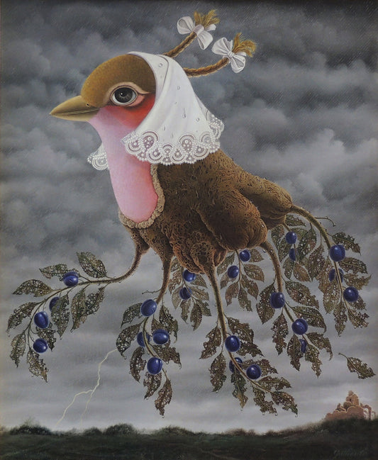 Gervasio Gallardo Duende bajo lluvia pájaro en paisaje lluvioso atmósfera poética simbolismo soledad naturaleza surrealismo hiperrealista