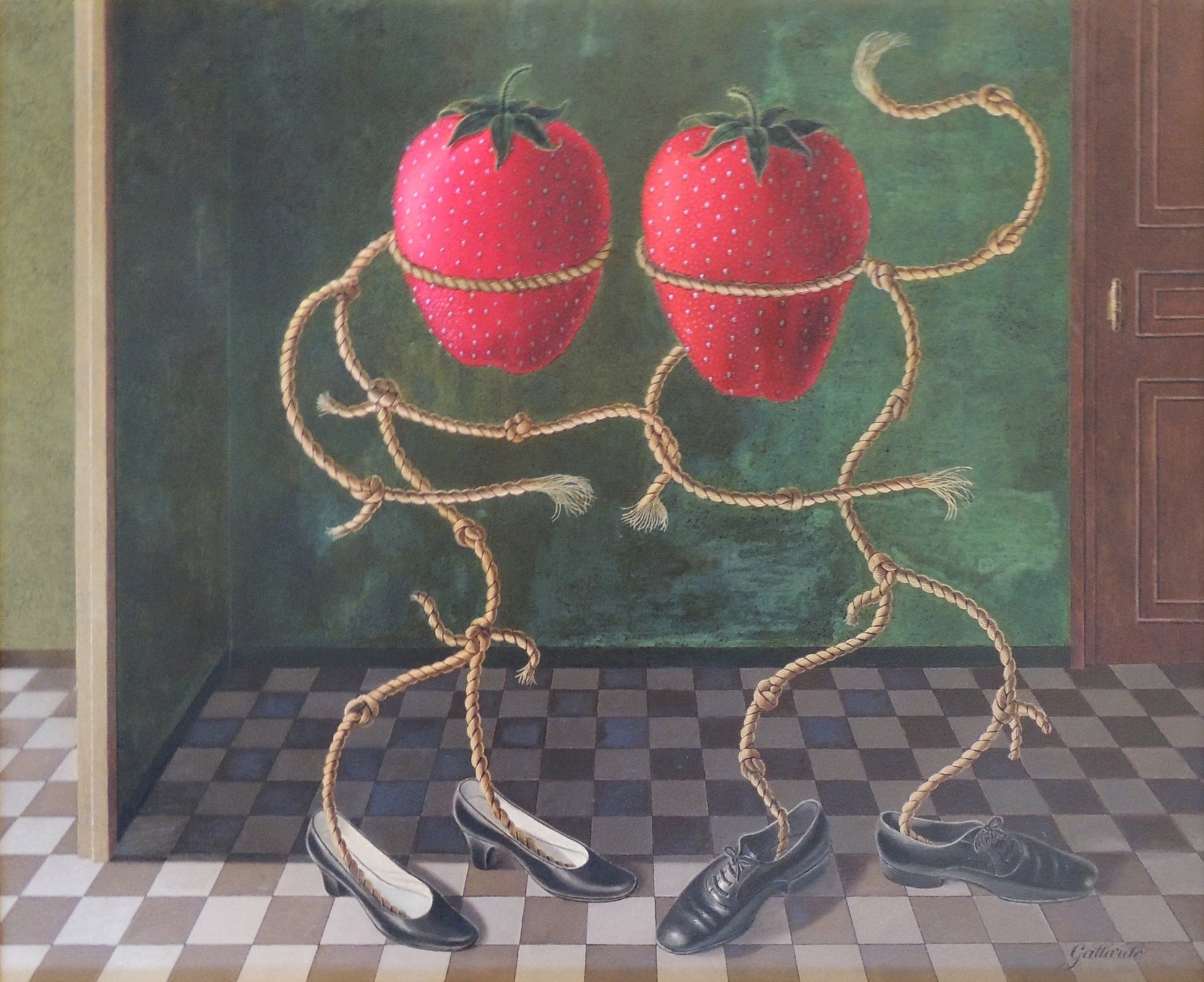 Gervasio Gallardo El seductor fresas antropomorfas con cuerdas formando figuras humanas y zapatos en interior surrealista simbolismo atracción y deseo
