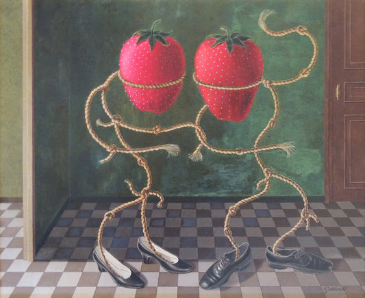 Gervasio Gallardo El seductor fresas antropomorfas con cuerdas formando figuras humanas y zapatos en interior surrealista simbolismo atracción y deseo